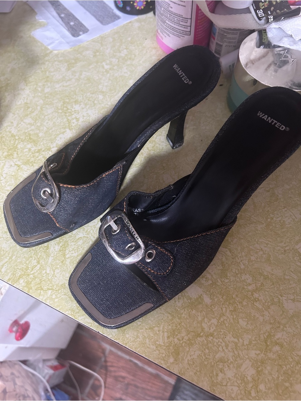 Wanted Black Denim Buckle Mule Heels with Silver Hardware